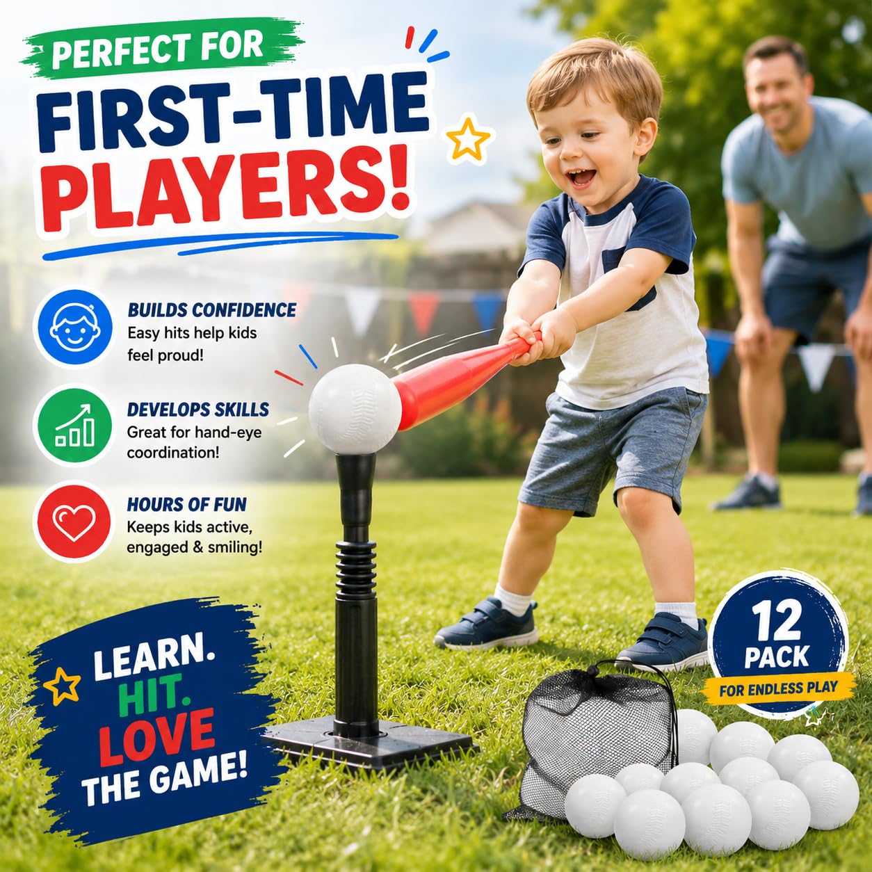 Liberty Imports 12 PCS Toddler & Little Kids Replacement T Ball Baseball Balls - Jumbo Plastic T-Balls with Mesh Bag, 3.5-inch Oversized Tballs for Totsports T-Ball Set, Softball, Training