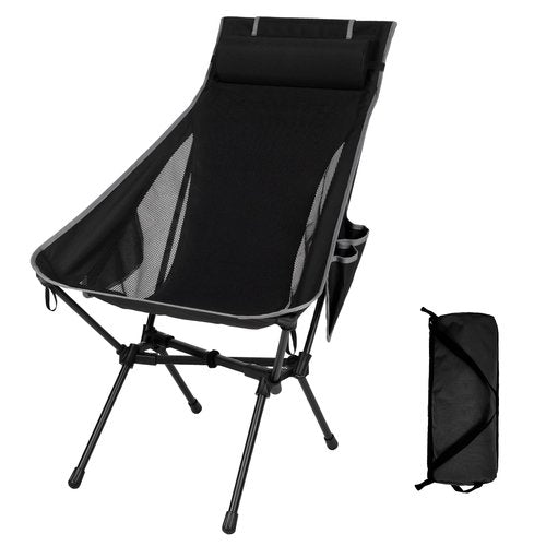 Hikero High Back Camping Chair for Adults, Folding Chair Supports 440 lbs, Lightweight Portable Backpacking Chair with Adjustable Pillow for Hiking & Camping (Black)