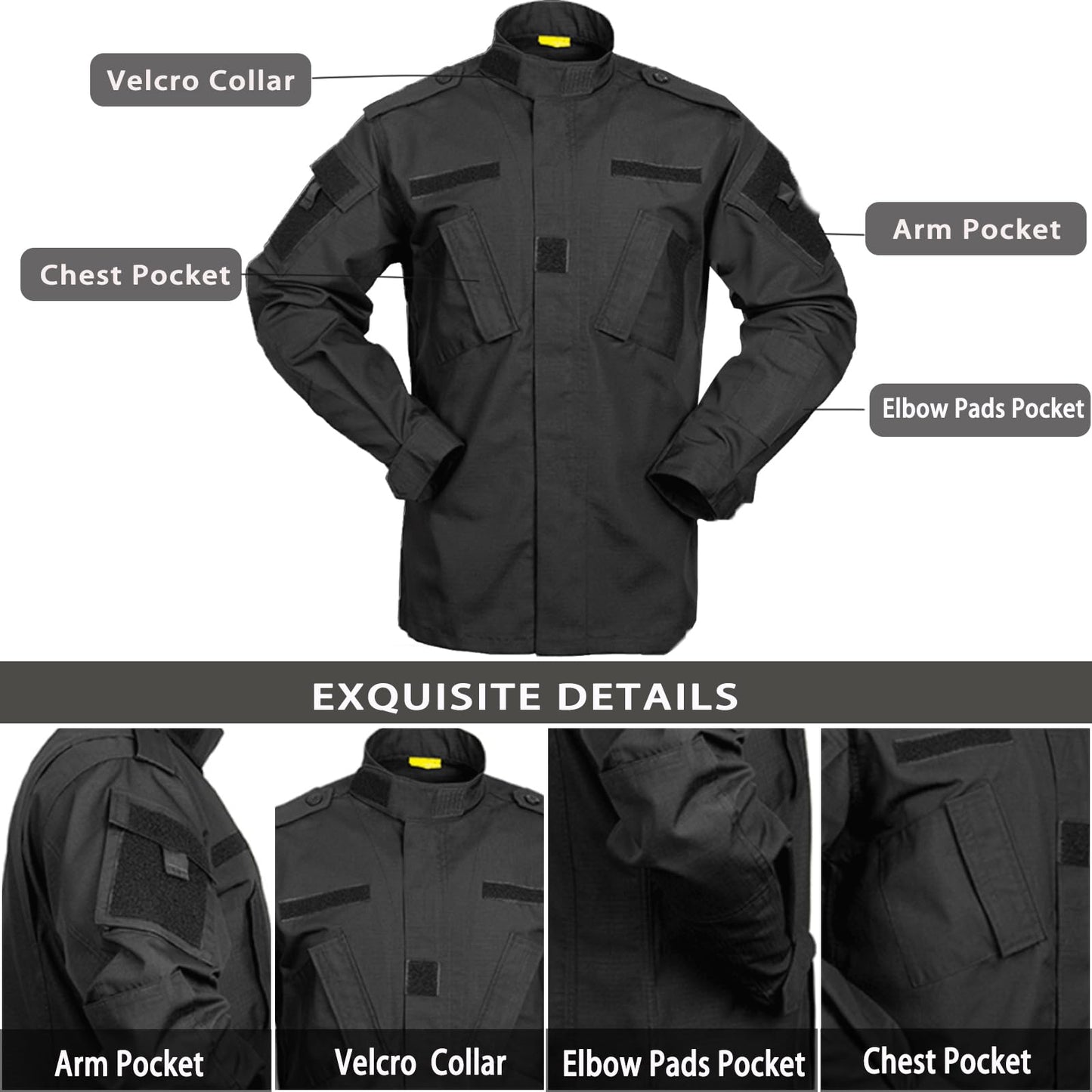 ACU Tactical Military Uniform Set Camo Combat Jacket Pants Suit Outdoor Hunting Paintball Airsoft Apparel for Men Black M