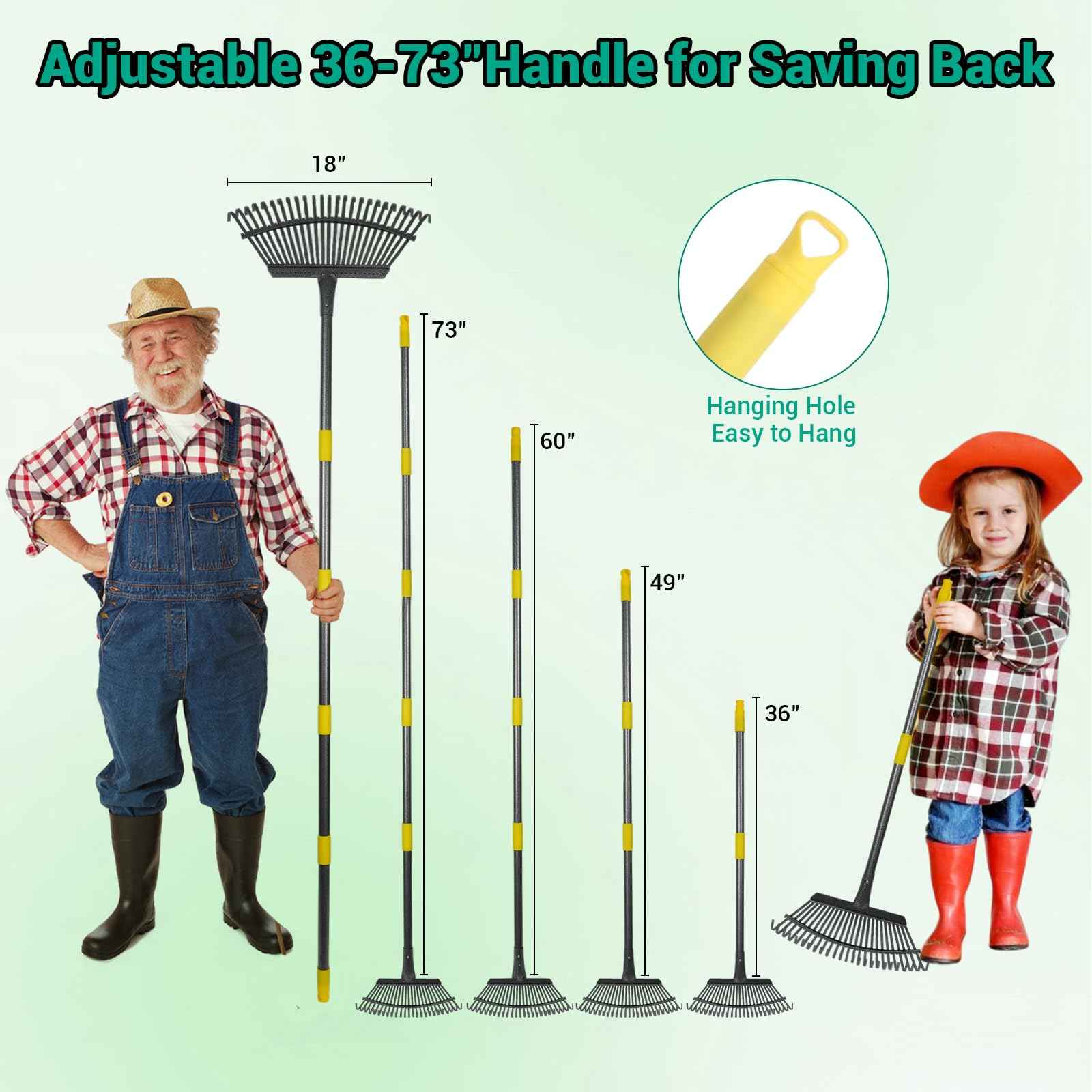 Serqd Adjustable Garden Rake for Leaves 36-73" Long Handle, 18" Wide, Heavy Duty with 25 Metal Tines ，Includes 32Gallon Leaf Bags，Designed for Lawns, Grass, Shrubs ，Flower Beds