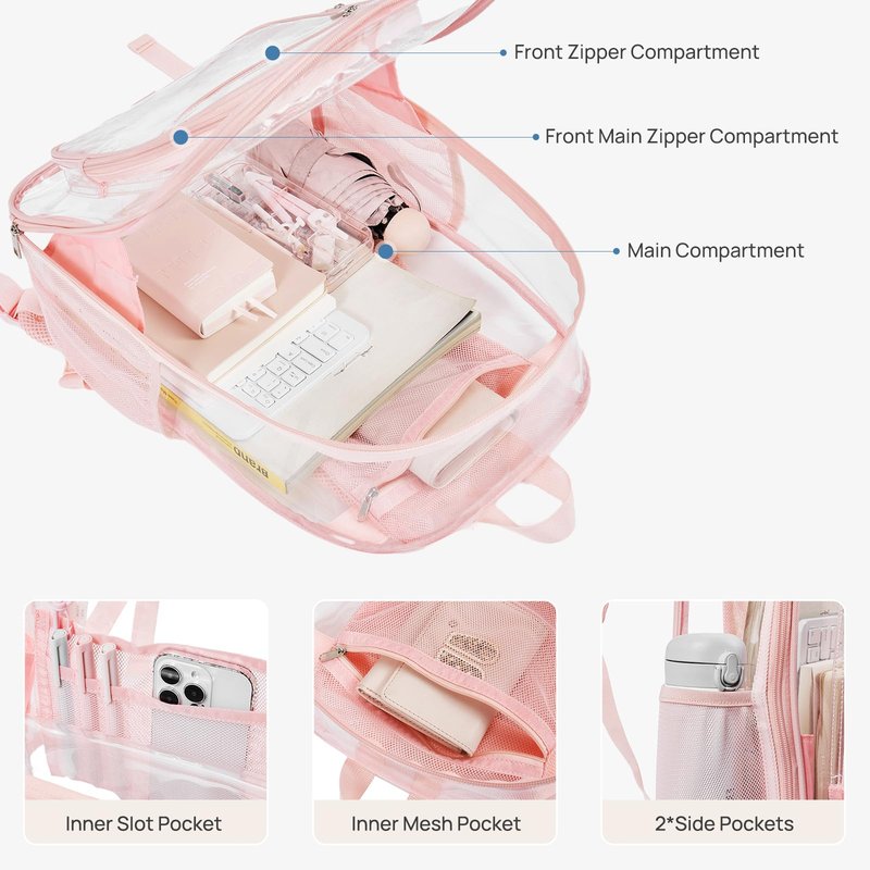 Telena Clear Backpack with Multi-pockets, Heavy Duty TPU Transparent Bag with Reinforced Straps, Large See Through Bookbag for College, Work - Pink