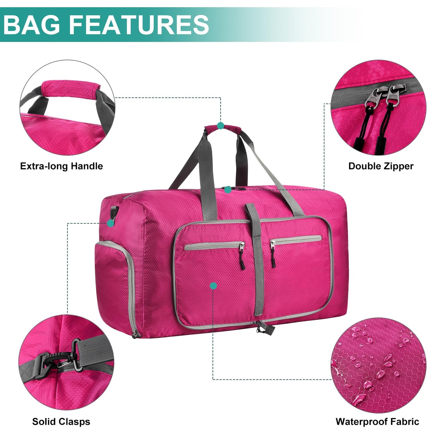 Dimayar Travel Duffle Bag for Men Women - Foldable Duffel Bag with Shoes Compartment - Overnight Bags Waterproof & Tear Resistant(65L,Fuchsine)