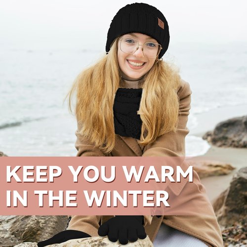 OZERO Gloves Beanie Scarf For Women: Knit Fleece Lined Hat Black Beanies For Women Christmas Womens Scarf Winter Warm Womens Gloves With Touchscreen Fingers For Snow Cold Weather Running Driving