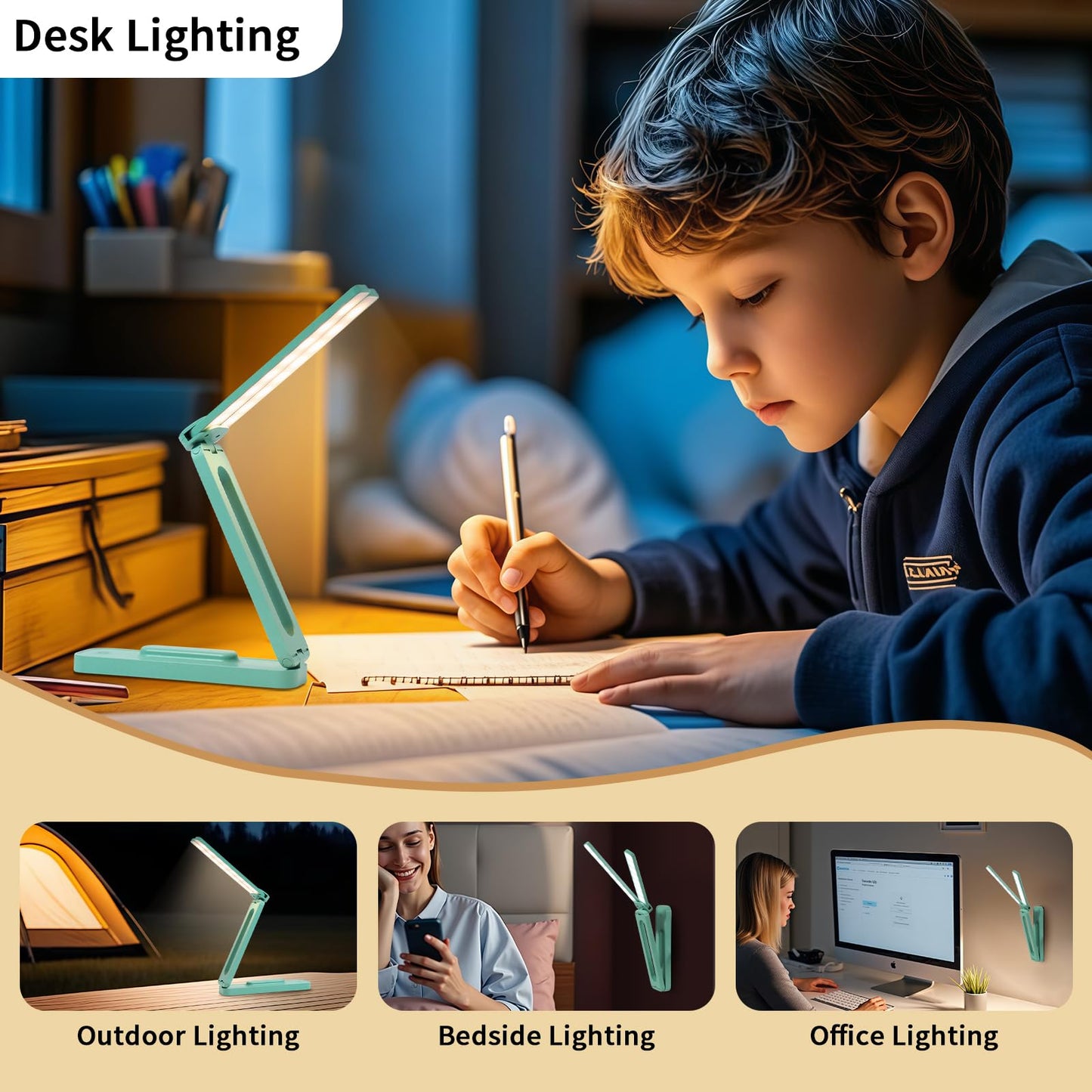 Bsdgeclogy Foldable and Adjustable LED Desk Lamp, Dual Head Portable Book Light with Stepless Dimming and 3 Color Modes for Bedside, Reading or Travel(Blue)