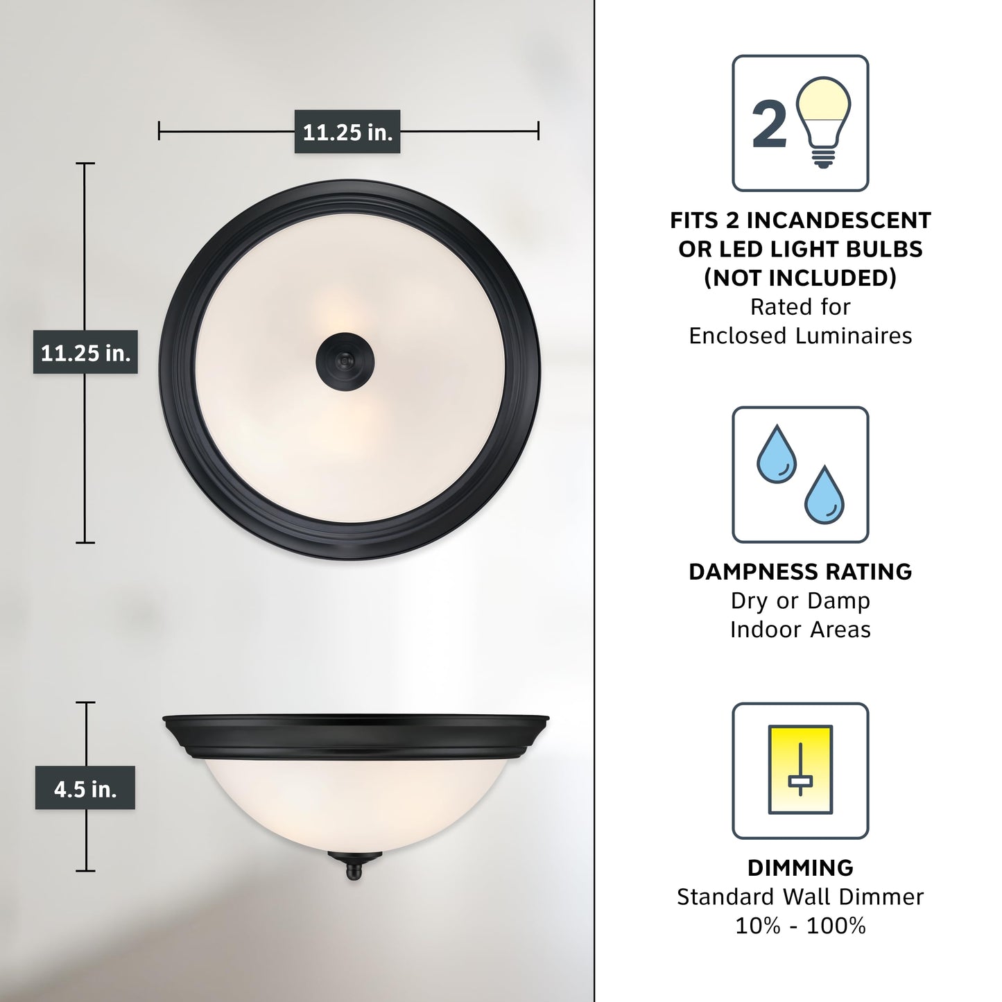 DESIGNERS FOUNTAIN Flush Mount Ceiling Light, 11 Inch Frosted Glass Lighting Fixture for Kitchen, Bedroom, Bathroom, and Hallway, LED Bulbs Not Included, Matte Black