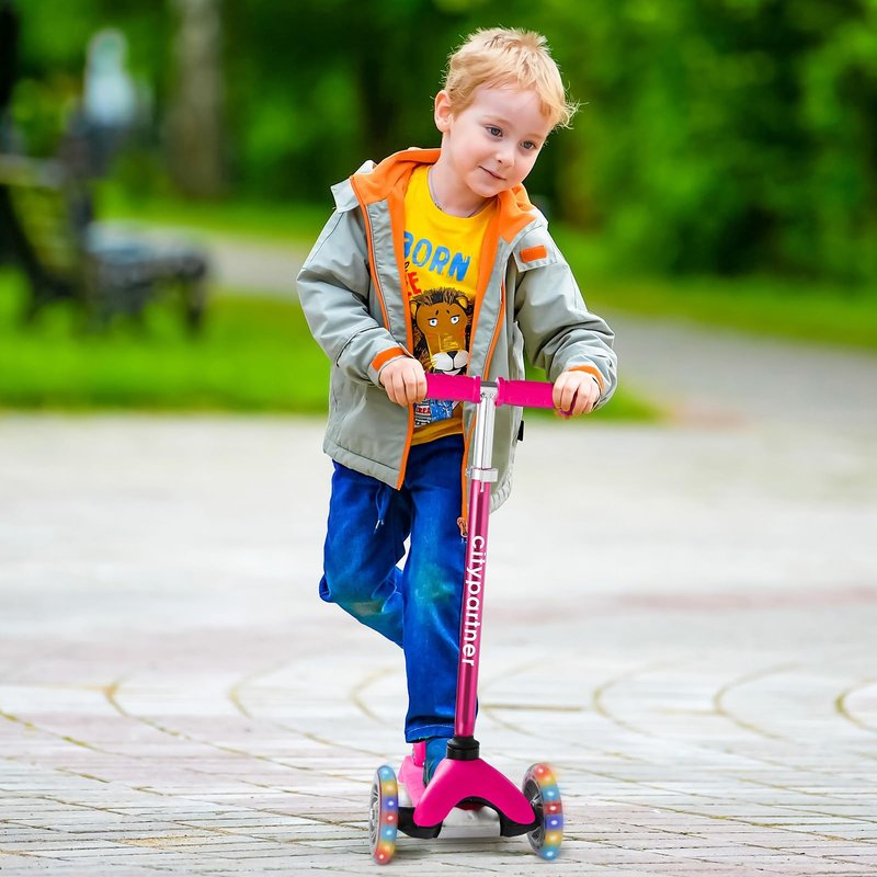 Kids Scooter, Children and Toddler 3 Wheel Kick Scooter for Boys & Girls Ages 2-5, LED Lighted Wheels and 3 Adjustable Height Handlebars, Lean-to-Steer (Pink)