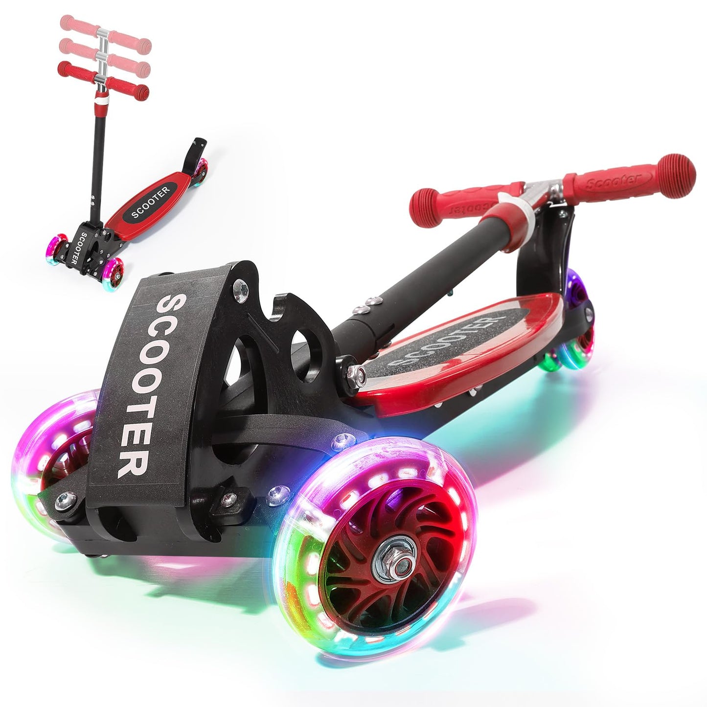 Children’s 3-Wheel Lean-to-Steer Scooter – LED Light-Up Wheels, Foldable, Adjustable T-Bar, Anti-Rust Frame, Ideal Outdoor Gift for Ages 3/4/5/6/7