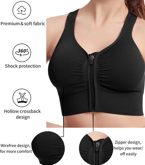 Fapreit Women's Sports Bra - Seamless Wire-Free Zip Front Closure for Post-Surgery Comfort | Padded Racerback Design