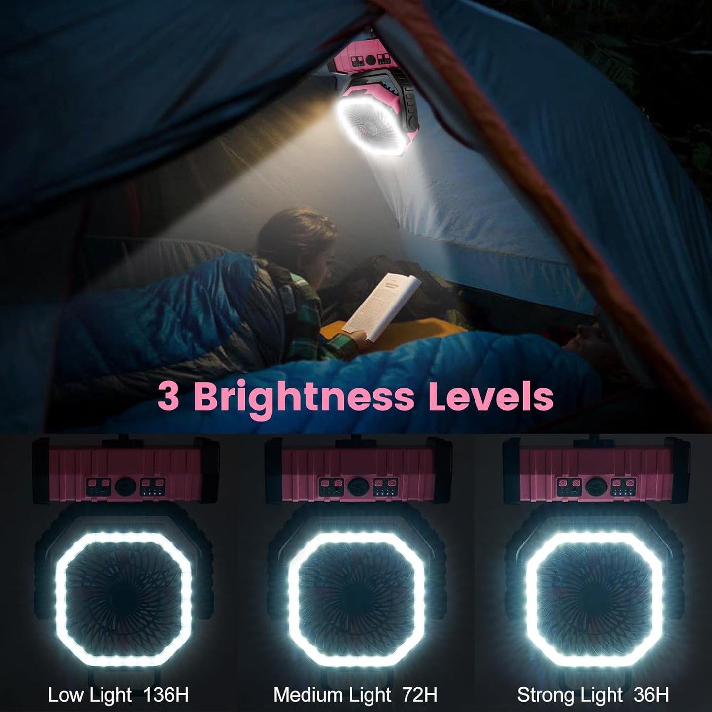 Odoland 30000mAh Camping Fan - Rechargeable LED Lantern with Remote, Oscillating Design, Pink