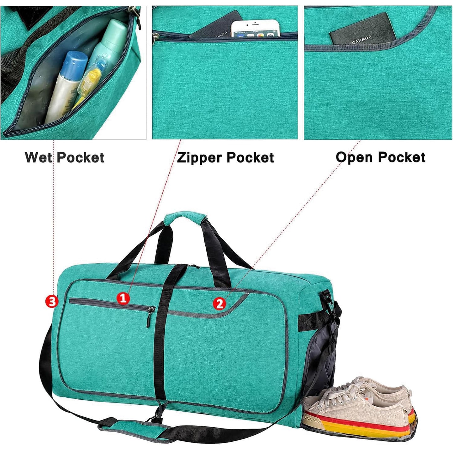 Travel Duffle Bag for Men, Large Foldable Duffel Bags for Traveling with Shoes & Wet Compartment Waterproof Weekender Gym Bag for Men Women(65LTeal)
