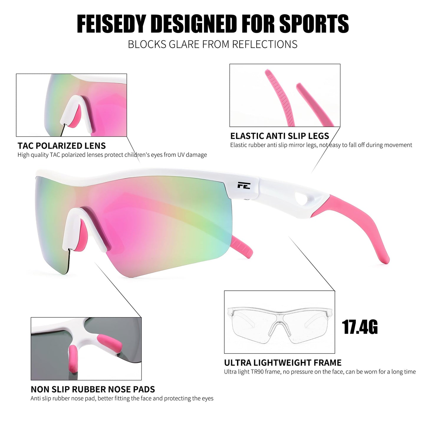 FEISEDY Kids Teens Baseball Polarized Sunglasses Sports TR90 Frame Boys Girls Cycling B2454