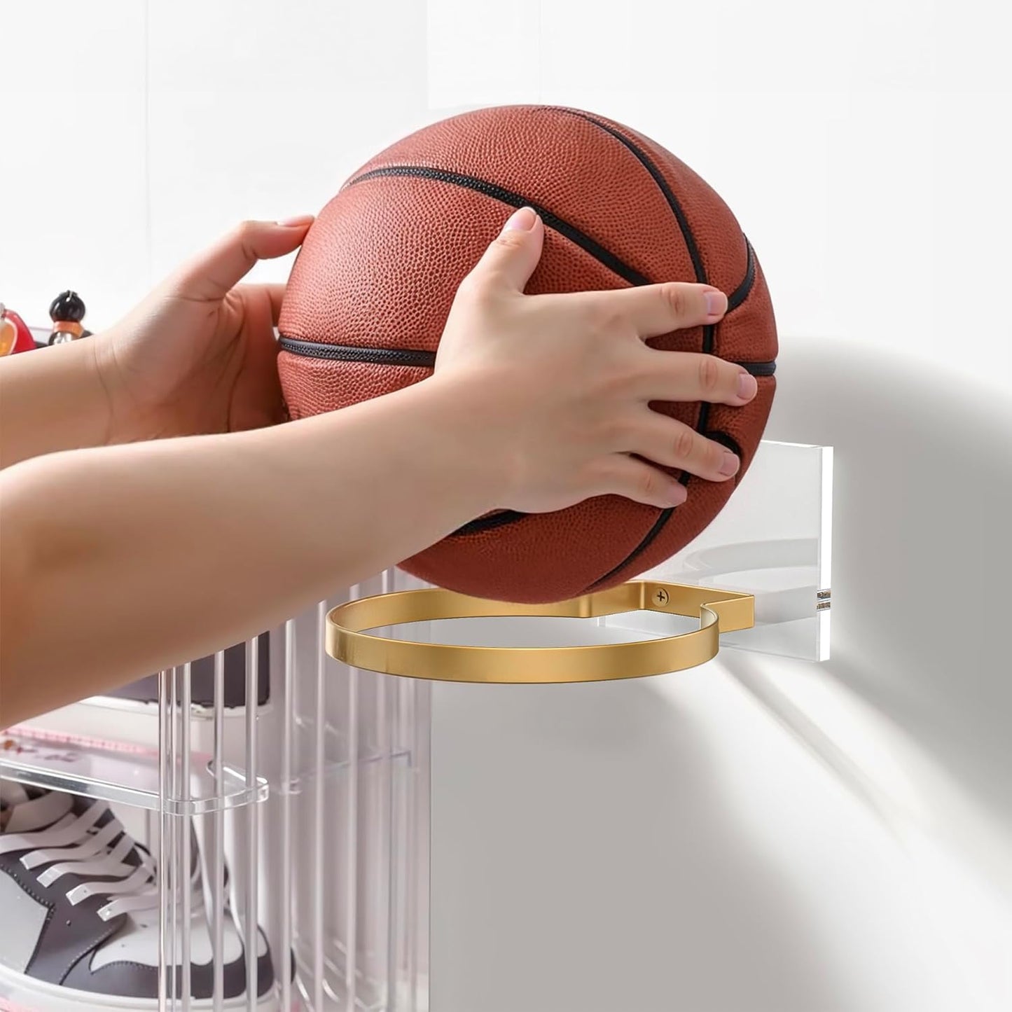 Skiennix Ball Holder Wall Mount - Stylish Sports Ball Display Rack with Acrylic Base & Gold Metal Ring | Perfect for Basketball, Soccer, Football & Volleyball Storage