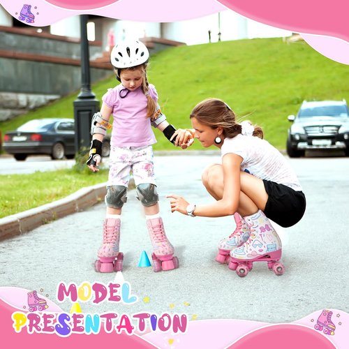 jessie Girl Roller Skates for Kid, PU Leather Flash Rainbow Adjustable Roller Skates Girls Ages 5-12 Four-Wheel Beginner Adult Indoor Outdoor (White,32)