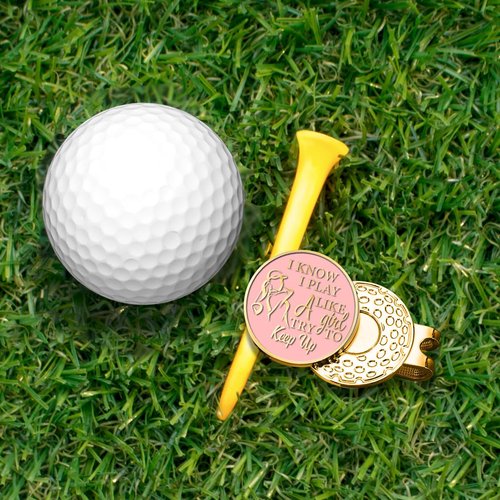 Hafhue I Know I Play Like A Girl Try to Keep Up Pink Gold Golf Ball Marker with Magnetic Hat Clip Stainless Steel-Great Gift for The Golfer with a Sense of Humor and Perfect for The Golf Course
