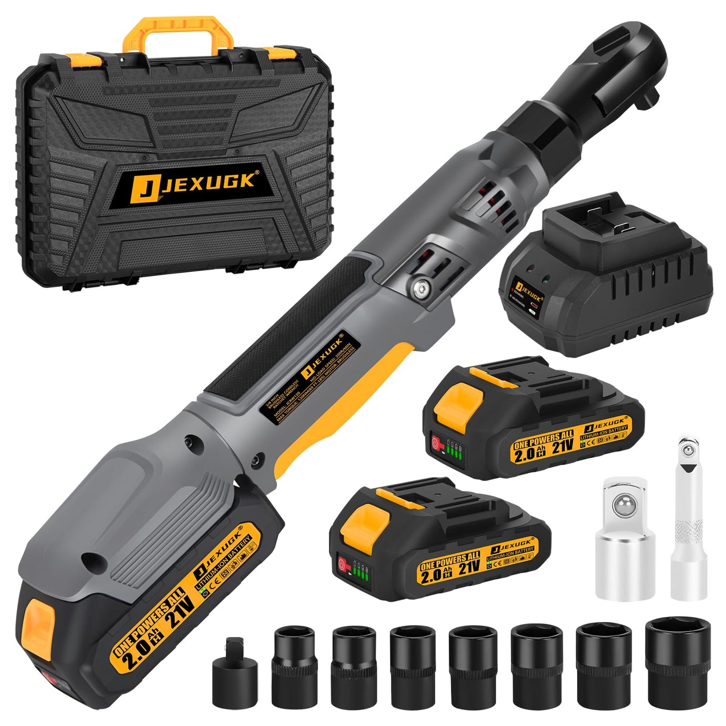 JEXUGK 120Nm Cordless Ratchet Wrench, 3/8" 89 FT-LBS Brushless Ratchet Set with 2 x 2.0A Battery, 21V Electric Matraca Electrica with Variable Speed 7Sockets,1/4" Adapter,1/2" Adapter,3" Extension Bar
