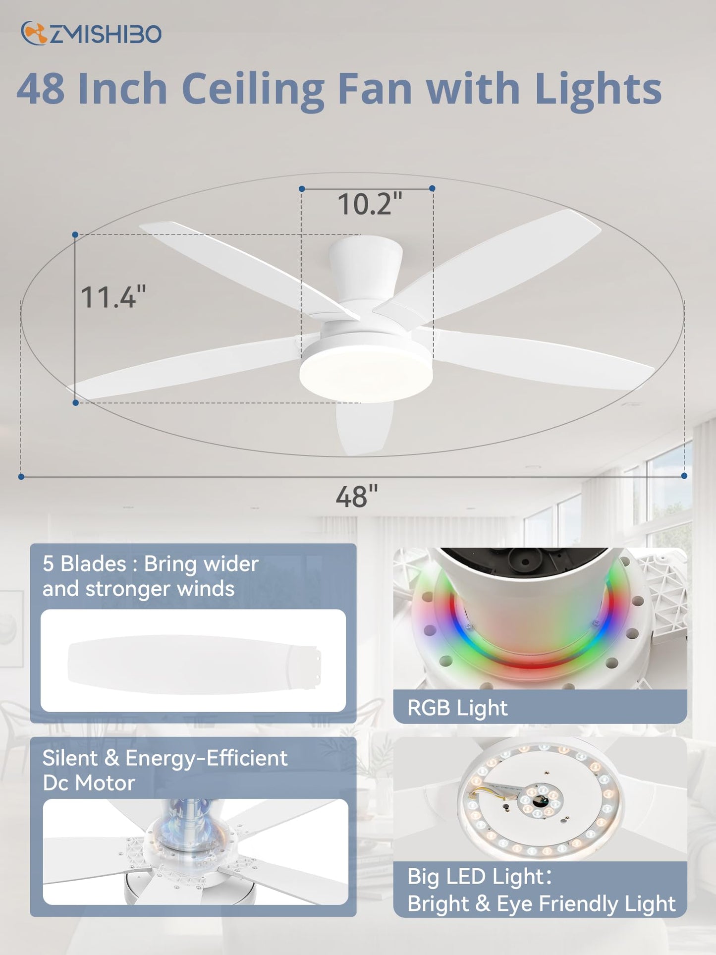 ZMISHIBO 48 inch RGB Ceiling Fans with Lights and Remote/APP Control,White Low Profile Ceiling Fan with Quiet DC Motor,LED Dimmable, Modern Flush Mount Ceiling Fan for Bedroom Indoor,Party, Patio