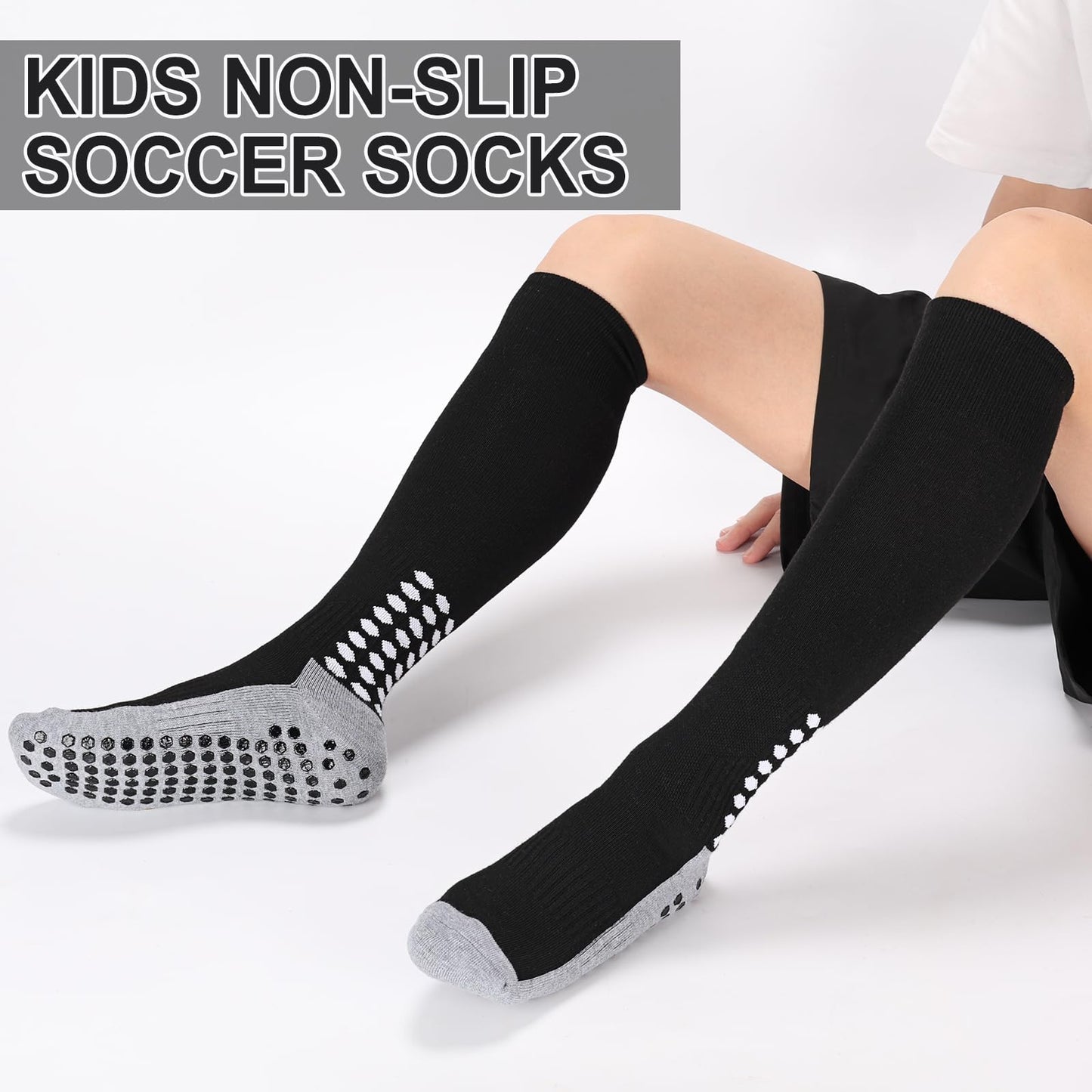 Regilt 3 Pairs Kids Youth Grip Soccer Socks, Non Slip Knee High Soccer Football Sport Socks for Boys Girls Age 8-17 (US, Alpha, Large, Regular, Regular, Black)