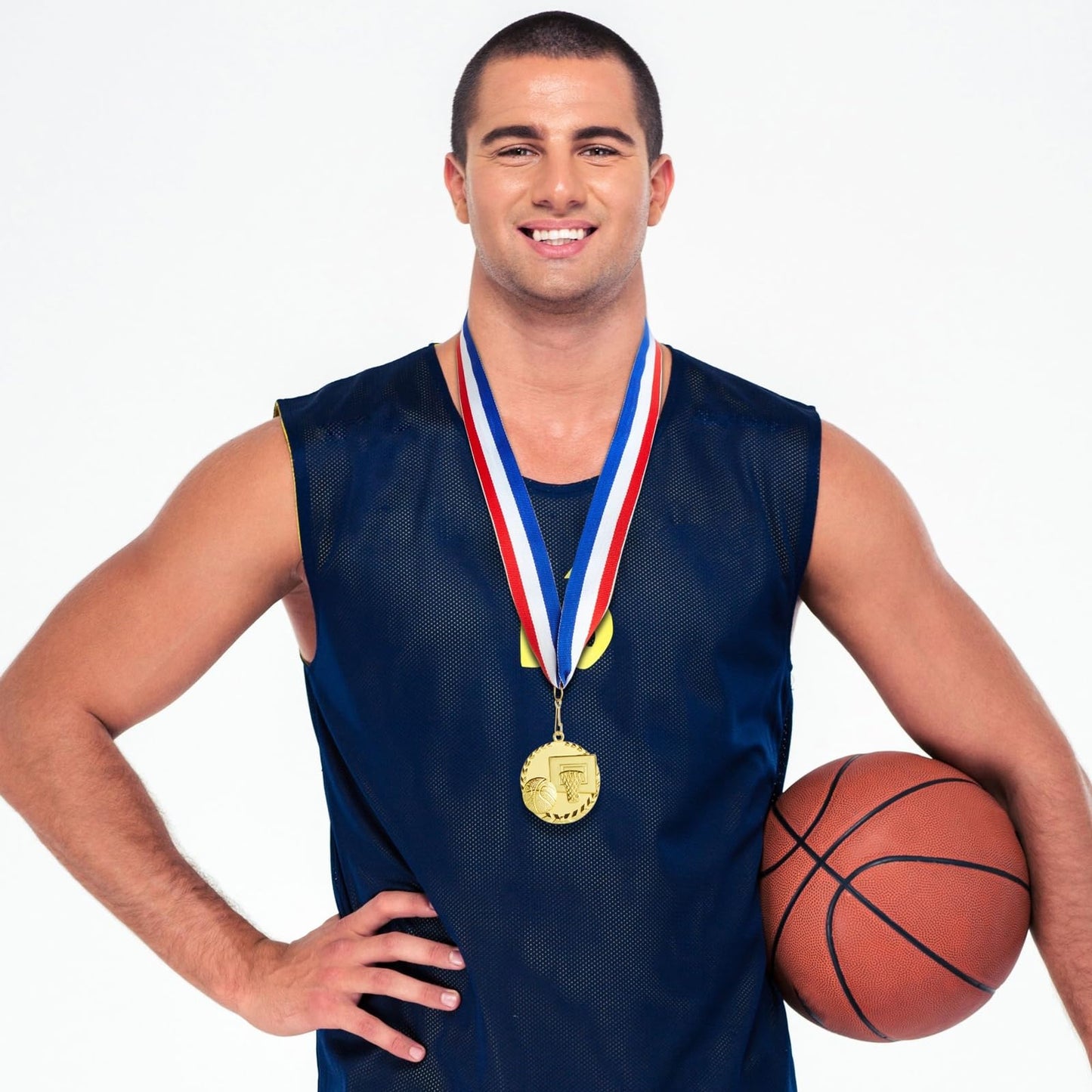 Juvale Basketball Medals for Kids & Adults - 12-Pack, 2" Gold Zinc Alloy & 15.5" - Red, White & Blue Ribbon - Medals for Awards