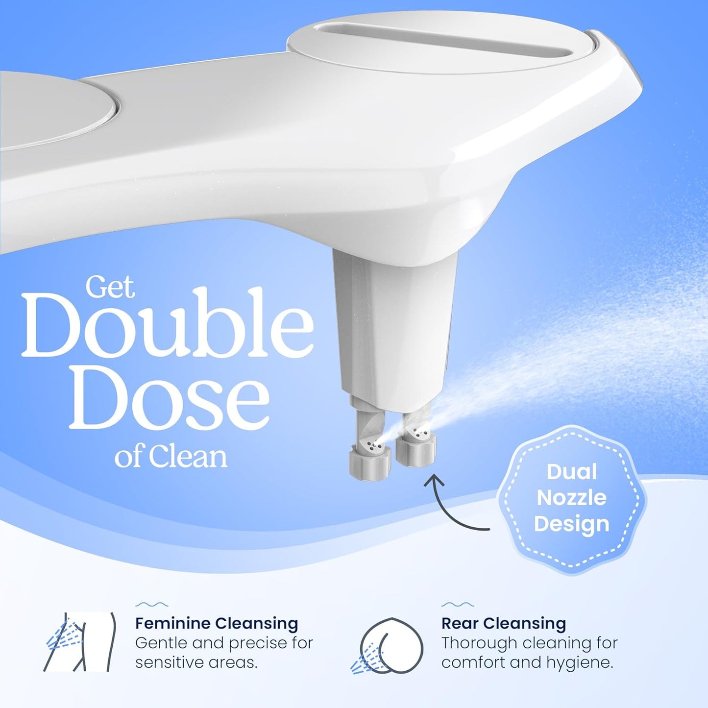 Non-Electric CLEAR REAR Bidet Attachment for Toilet - Self-Cleaning Dual Nozzle, Adjustable Pressure, White