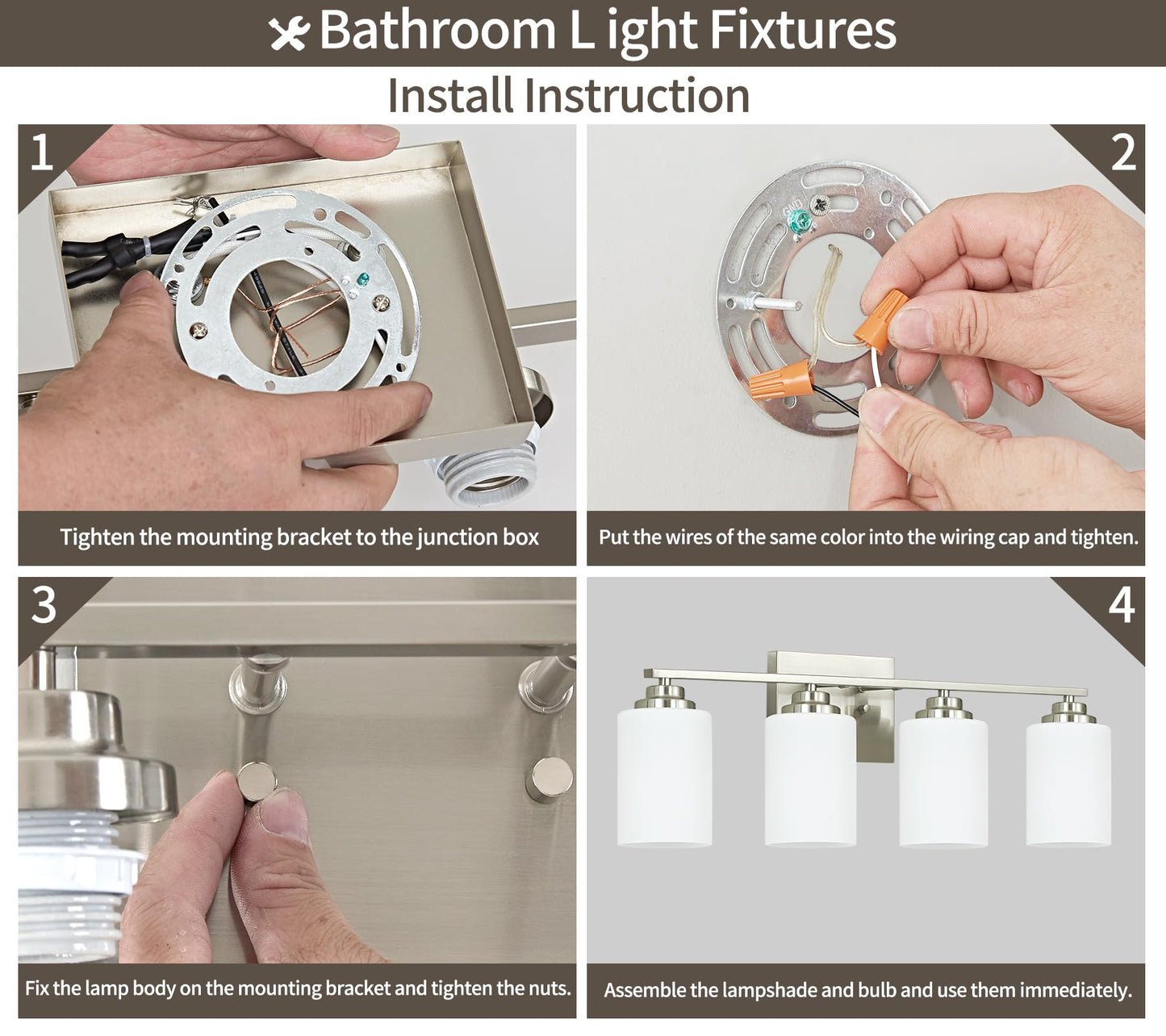 Osimir 4-Light Bathroom Light Fixtures, Brushed Nickel Bathroom Vanity Lighting Fixtures Over Mirror with Milky Glass, Modern Wall Sconce Lights for Bath, OS-JJ8301-4BN