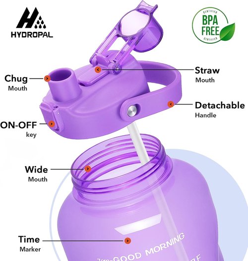 HydroPal 1 Gallon Water Bottle - BPA-Free Gym Jug with 2-in-1 Lid & Motivational Time Markers | 128 oz