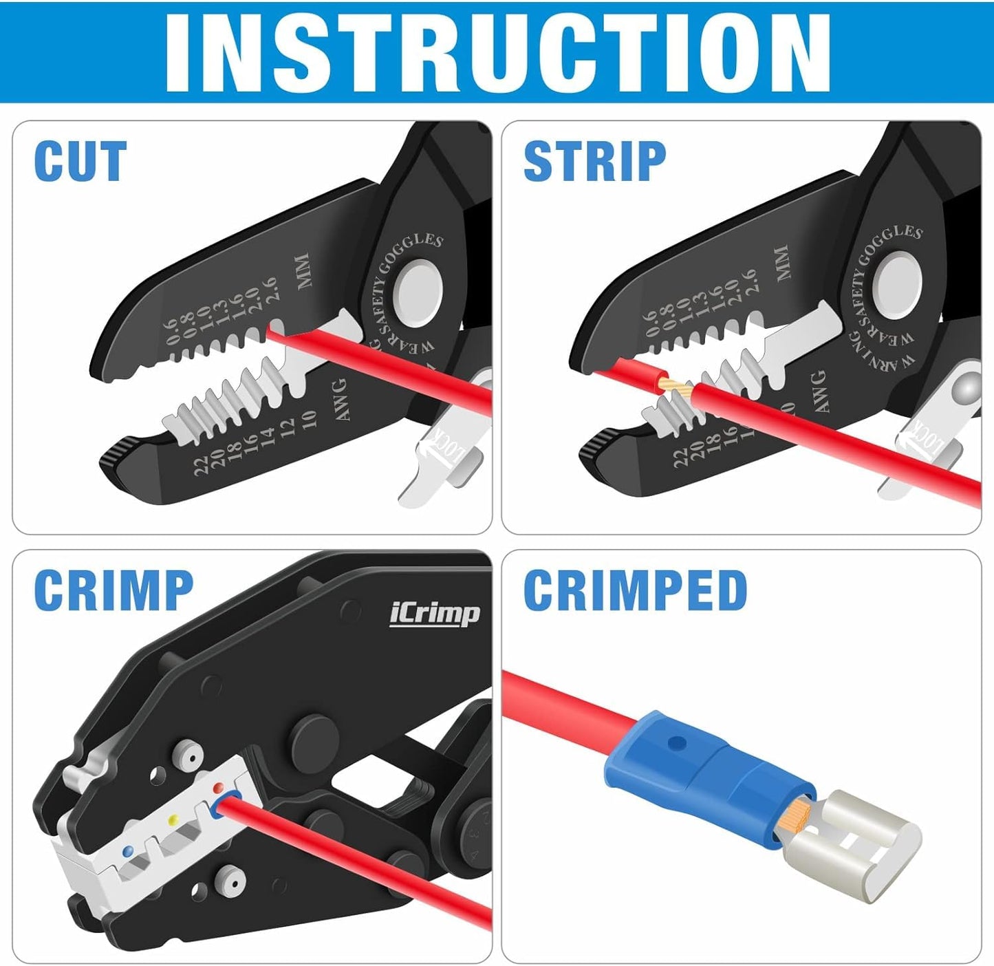 iCrimp Quick Change Ratcheting Wire Crimper Tool Set for Insulated, Heat Shrink, Non-Insulated Terminals, Battery Cable Lugs, IWS4 Solar connectors, Wire Ferrules, 8 Pieces with Wire Stripper