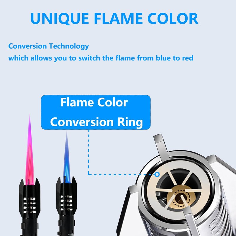 Torch Lighter 2 Pack Red+Blue Straight Flame Long Torch Lighter Bright Fire Butane Refillable Windproof with Flame Adjustable and Safety Lock for Camping Candles Cooking Outdoor Gift, 8"(Without Fuel)