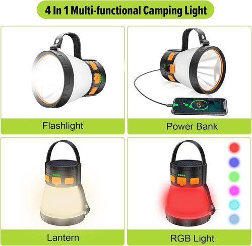**Skiennix LED Camping Lantern - 1500 Lumens Rechargeable with Solar Panel & 8 Light Modes | Waterproof Design**