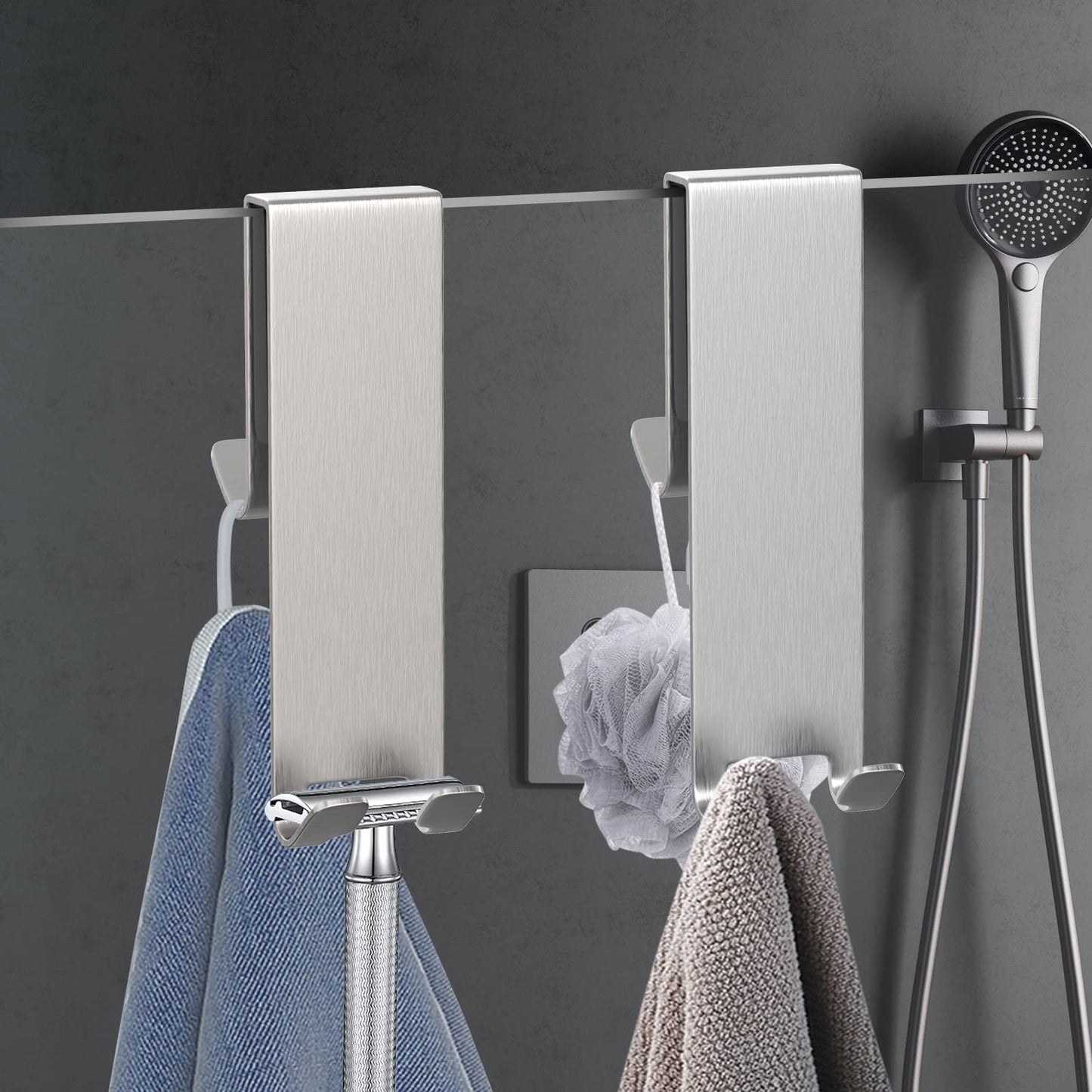 Shower Door Hook, Extended Length Double-Sided Hook for Frameless Shower Doors (7 Inch), Heavy-Duty Stainless Steel Hook for Bathrobes and Towels, No Drilling or Adhesive Required, 2-Pack, Silver