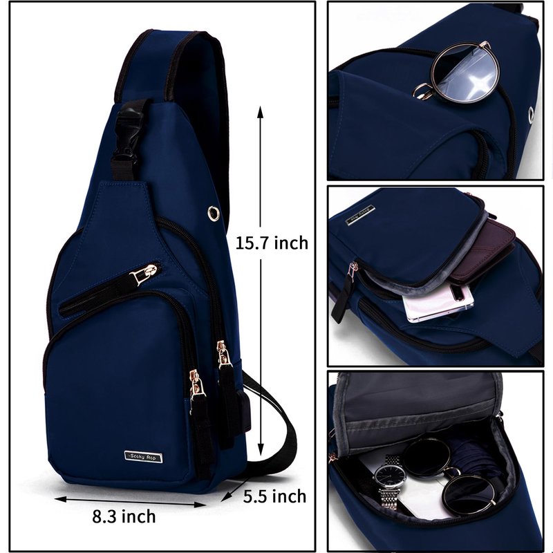 Seoky Rop Men Women Sling Backpack Nylon Water Resistant Shoulder Chest Crossbody Sling Bag with USB Charging Port Black