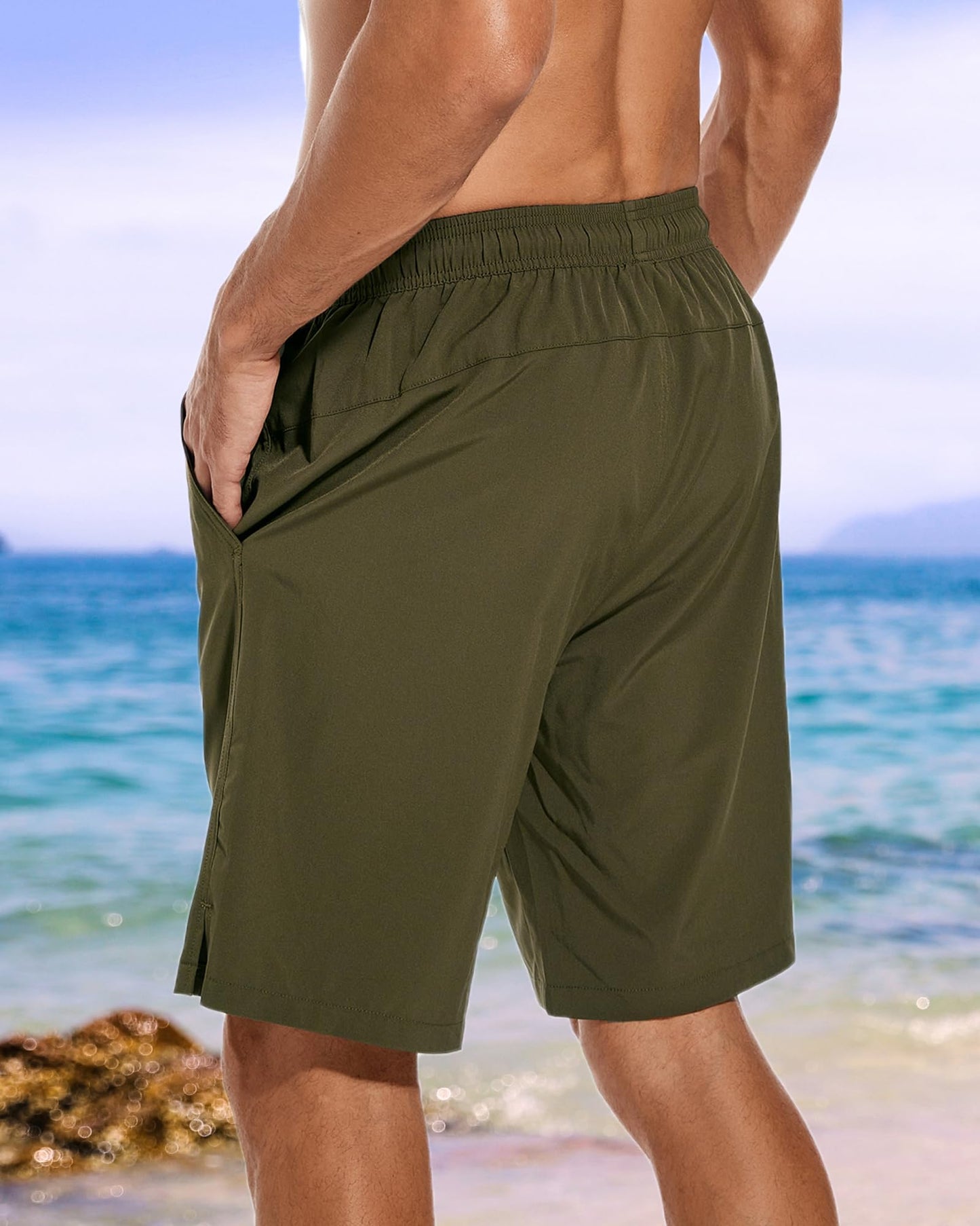 difficort Mens Swim Trunks Bathing Suit 9" Board Shorts,Army Green,Large