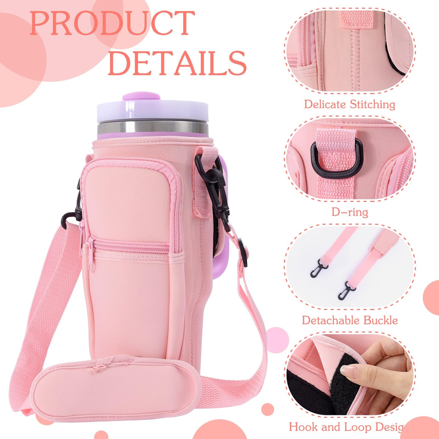 Jecten Water Bottle Carrier Bag with Pouch Fit for Stanl-ey Tumbler 40oz, Water Cup Pouch with Adjustable Strap, Water Bottle Holder for Hiking Travelling Camping(Pink)