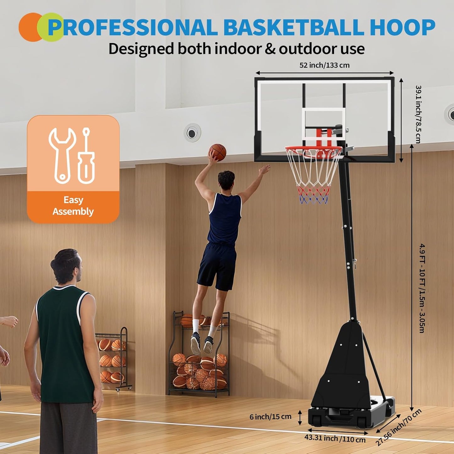 Skiennix Adjustable Basketball Hoop - 4.9-10FT Height with Mobile Stand & Weighted Base | Ideal for Youth & Adults