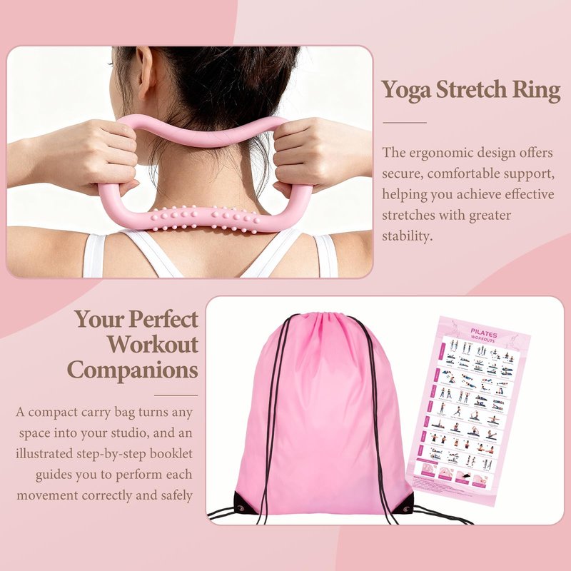 LZCDUDU Pink Pilates Ring Kit with 14.5 inch Magic Circle & Foam Roller, Ergonomic Home Workout Equipment Set, Full Essentials for Women Beginners - Includes Exercise Guide & Storage Bag