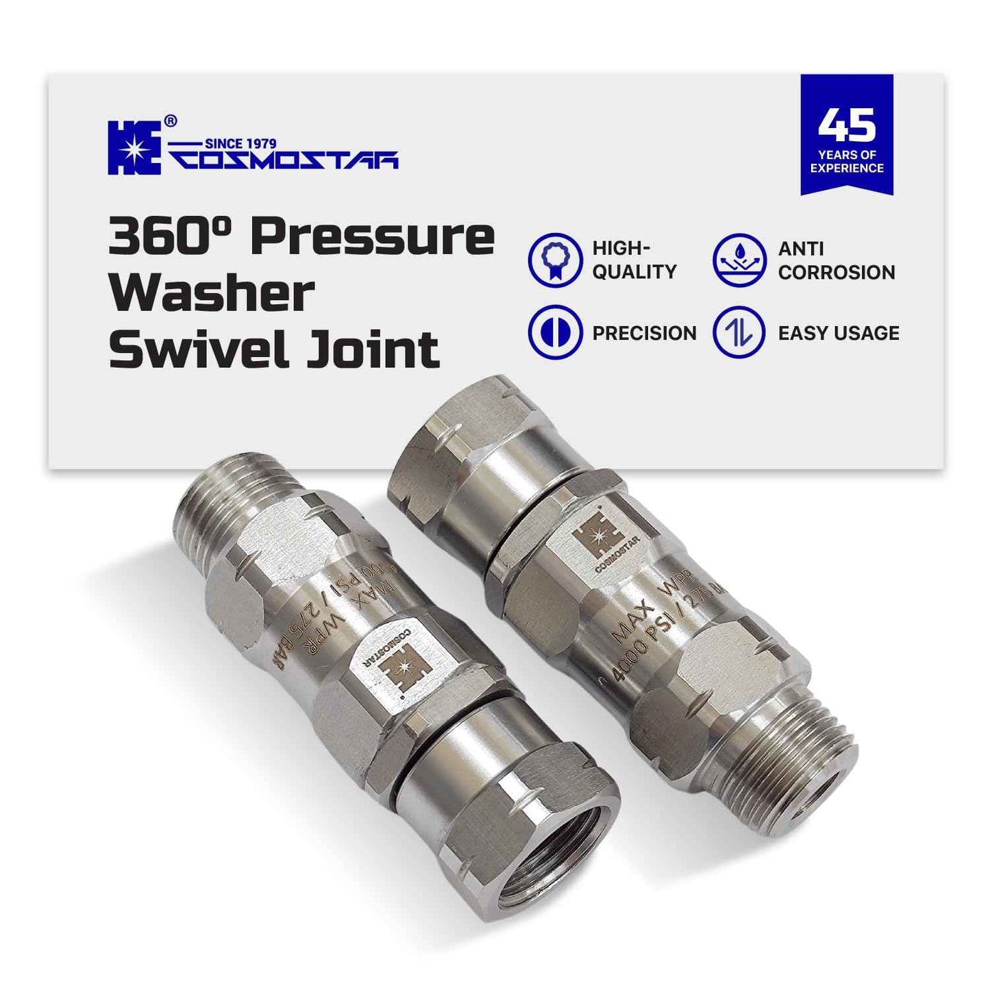 Cosmostar Stainless Steel 3/8" NPT-M 360° Pressure Washer Swivel – Enhanced Leak-Proof High-Flow Design and 4000 PSI – Not for M22 Threads