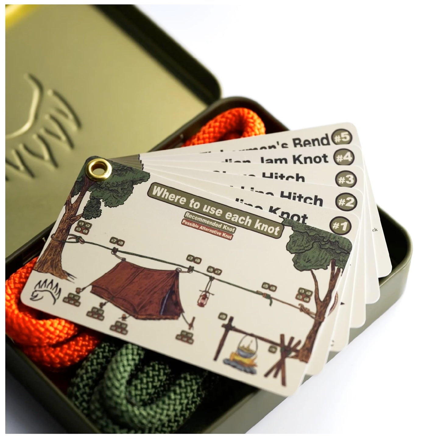 The Bear Essentials Outdoors Knots Tying Kit, includes Waterproof Knot Tying Cards, 2 Practice Ropes, Bushcraft Tin, Burlap Sack | for Outdoor Survival, Backpacking, Hiking & Scouts - Regular Kit