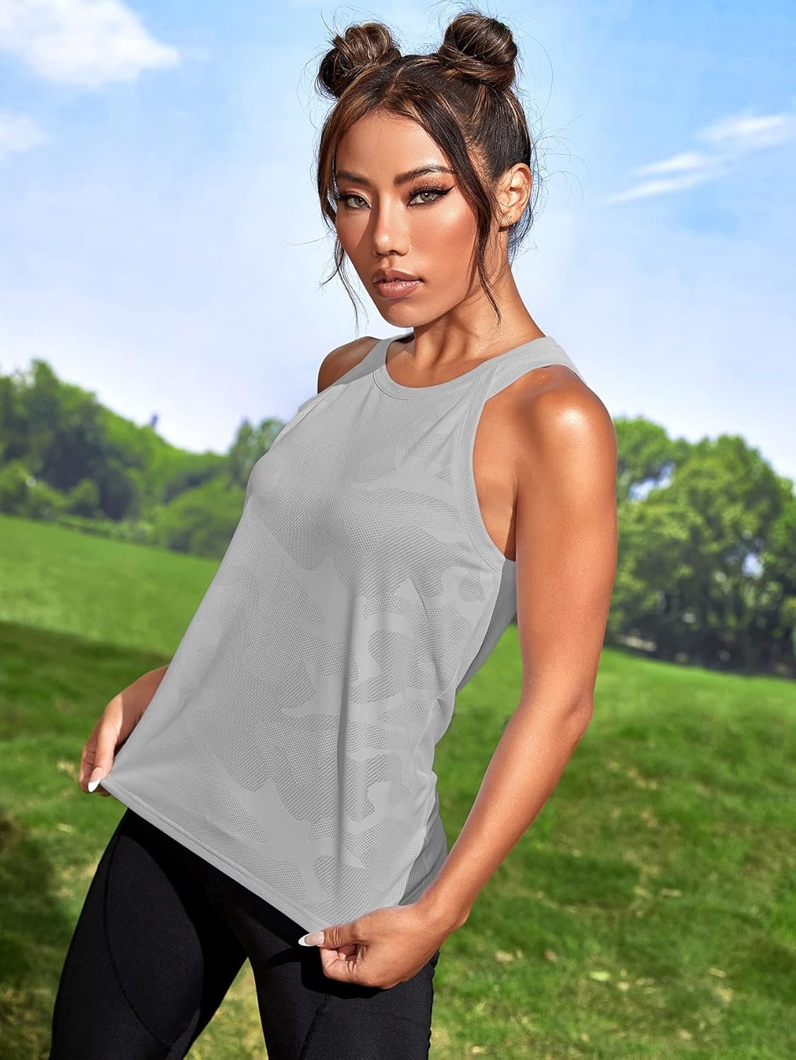 OYOANGLE Women's Camo Print Workout Tank Top - Sleeveless Active Gym & Yoga Shirt