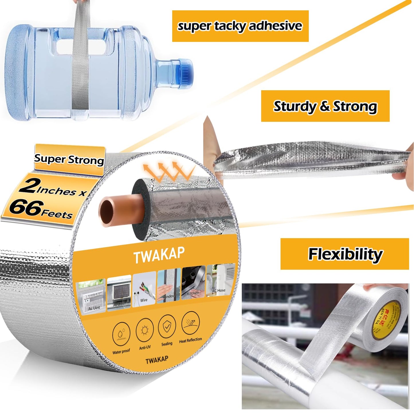 TWAKAP Super Age-Resistant AC Pipe Foam Insulation Tube Wrap Foil Fiberglass Tape,Add Weather-Resistant Layer For Pipe Insulation Foam Tube, Reflect 95%Thermal for HVAC Pipe,Window AC unit side panel