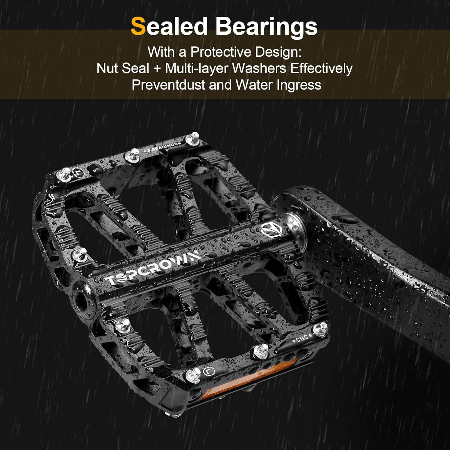 Topcrown Mountain Bike Pedals - Aluminum Flat Pedals with Reflectors & Non-Slip Design | 9/16" Size, 3 Sealed Bearings