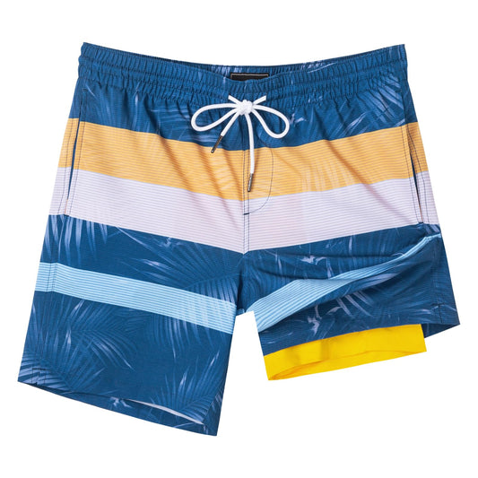 SURF CUZ Mens Swim Trunks with Compression Liner Quick Dry Swim Shorts 7" Swimming Trunks Stretch Bathing Suit 7 Inch,Oceanic Horizon,XL
