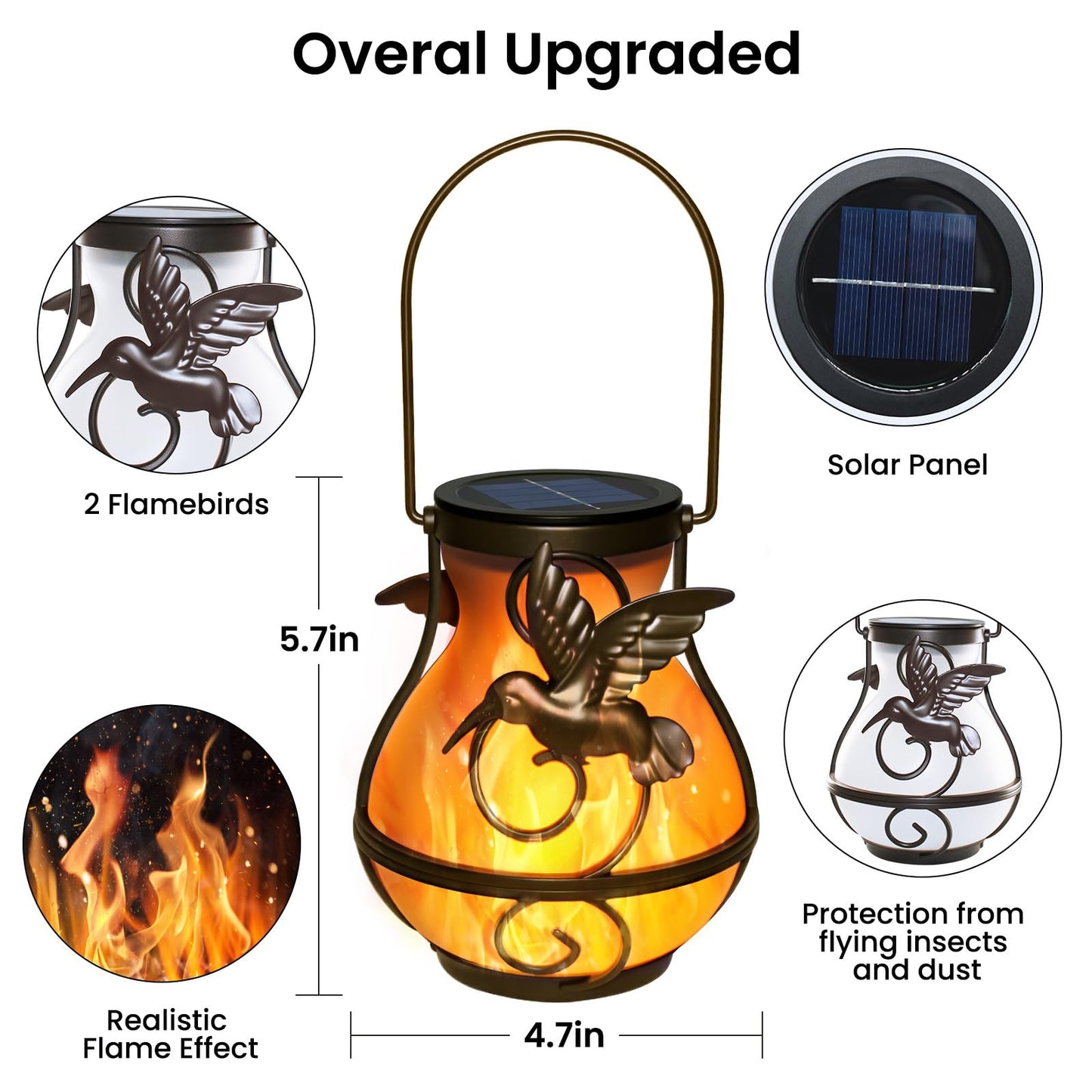 2 Pack Solar Lanterns Outdoor Waterproof, Hanging Hummingbird Flickering Flame Light Garden Decor Hanging Lights Decorative for Outside Patio Pathway Yard Christmas Birthday Gifts
