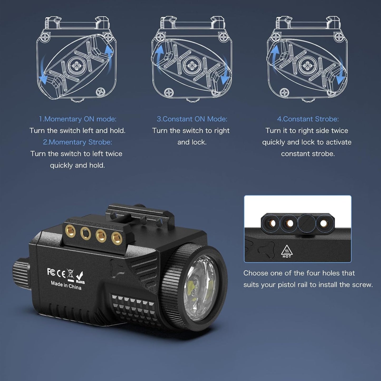 Skiennix Laser Light Combo - 1200 Lumens Tactical Blue Laser Flashlight for Pistol Picatinny Rail | USB-C Rechargeable