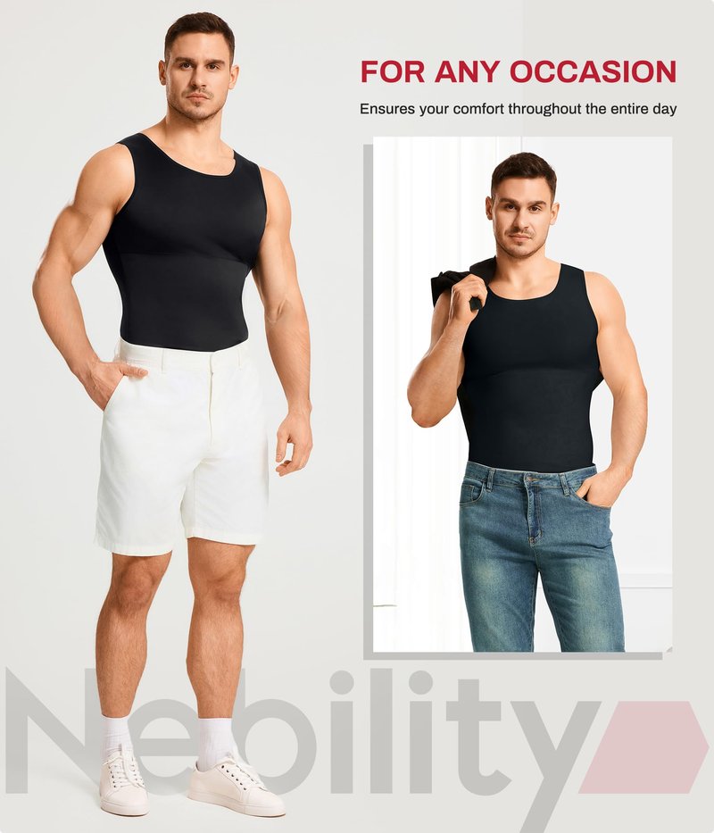 Nebility Shapewear Mens Compression Shirt - Slimming Body Shaper Tummy Control Shapewear Vest Workout Tank Tops Undershirts (Black, Large)