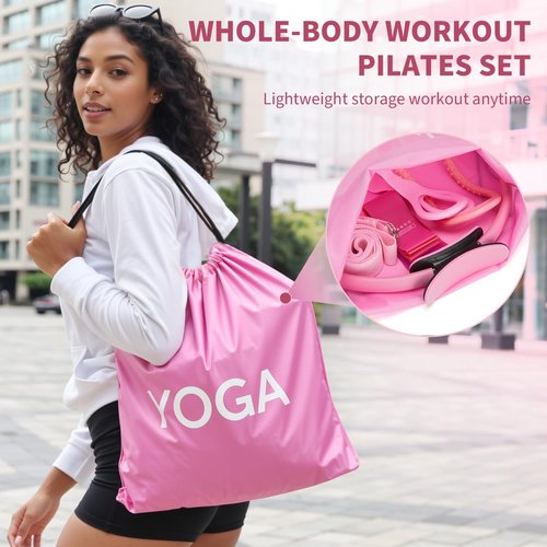 FITOUNOS Pilates Ring Set for Women, Home Workout Pilates Equipment with Resistance Bands, 14'' Magic Circle, Mini Ball, Pilates Starter Kit for Strength (Pink)