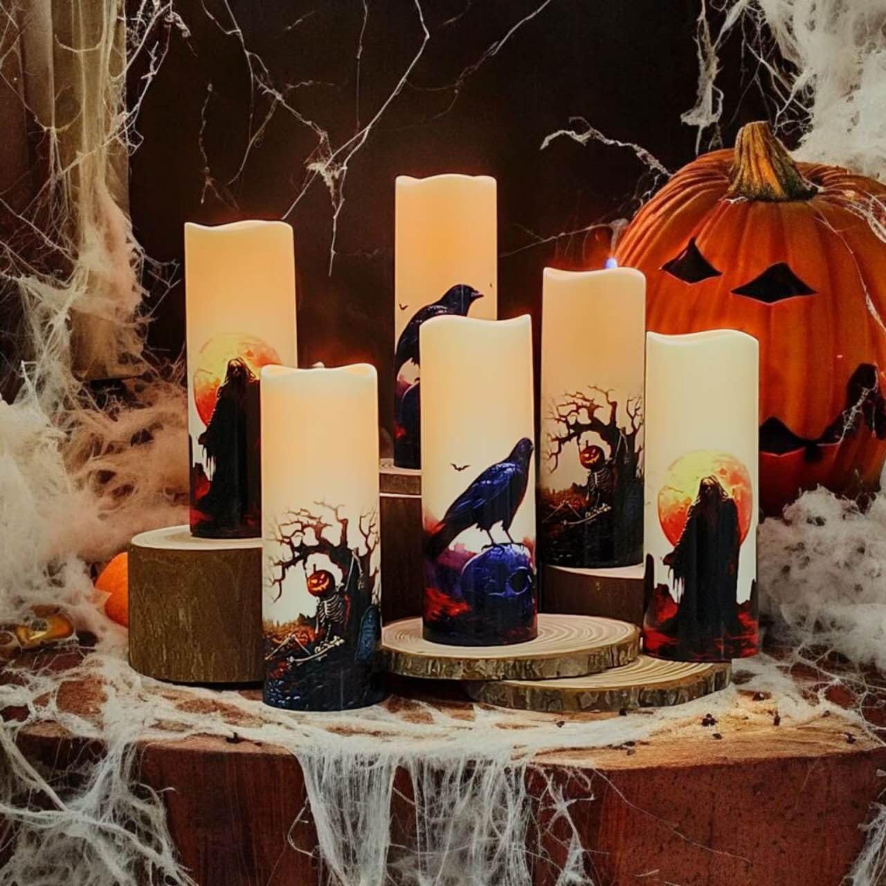 Halloween LED Flameless Candles, Gothic Design, Set of 6, 6x3 / 2.15 inch, Remote Control with Timer, Battery Operated (6, D 2.15 ")