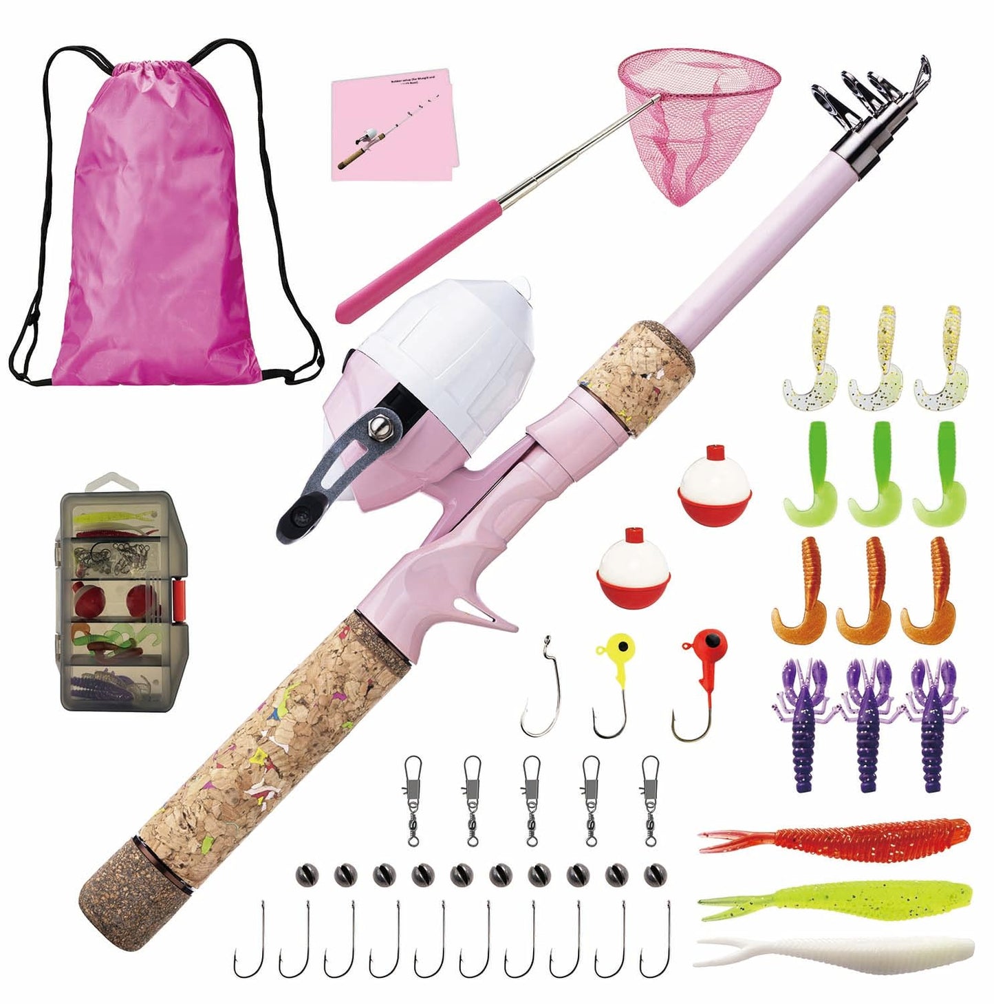 Kids Fishing Pole Set, Kids Fishing Rod and Reel Combo and Fishing Net Tackle Box with Fishing Lures Hooks and Bag for Girls Age Beginner Little Children Junior Anglers