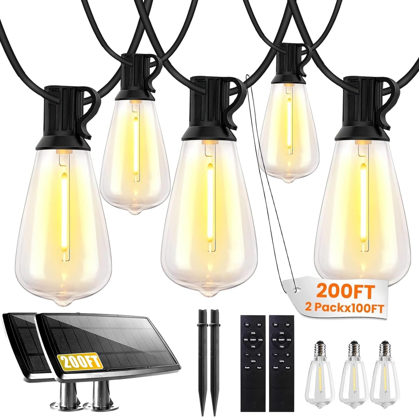 100FT Solar String Lights with Remote Control - Waterproof ST38 Edison Bulbs for Patio & Garden