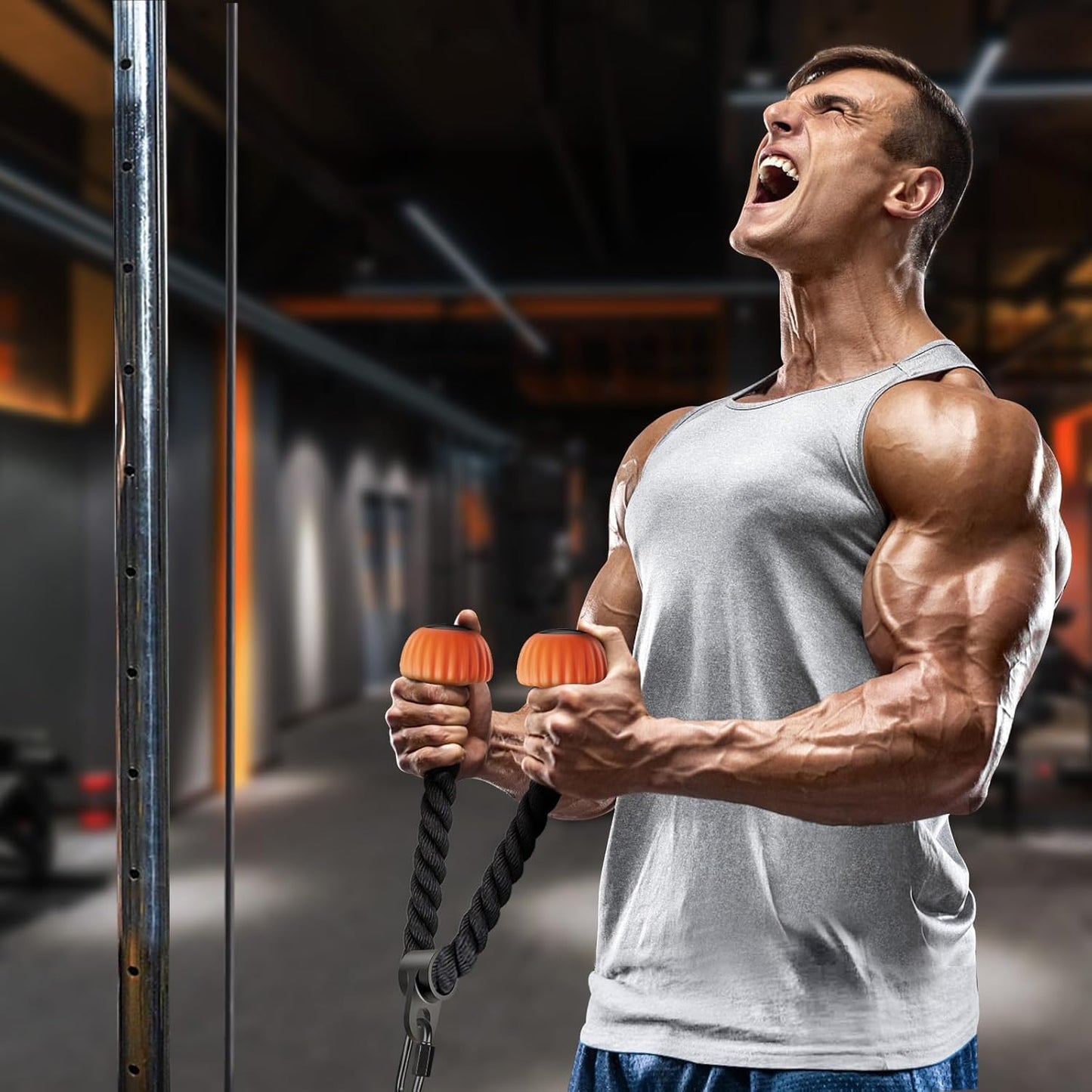 SELEWARE Triceps Rope - Non-Slip Rubber Ends for Home Gym | 28 & 36 Inch LAT Pulldown Attachment in Black & Orange