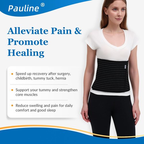 Abdominal Binder Post Surgery - Premium Belly Band for Stomach Support & Compression - Promote Recovery for Postpartum, Hysterectomy, Tummy Tuck, Hernia - Durable No-Fray Belly Wrap Waist Band (Size M, 9" High, Black)