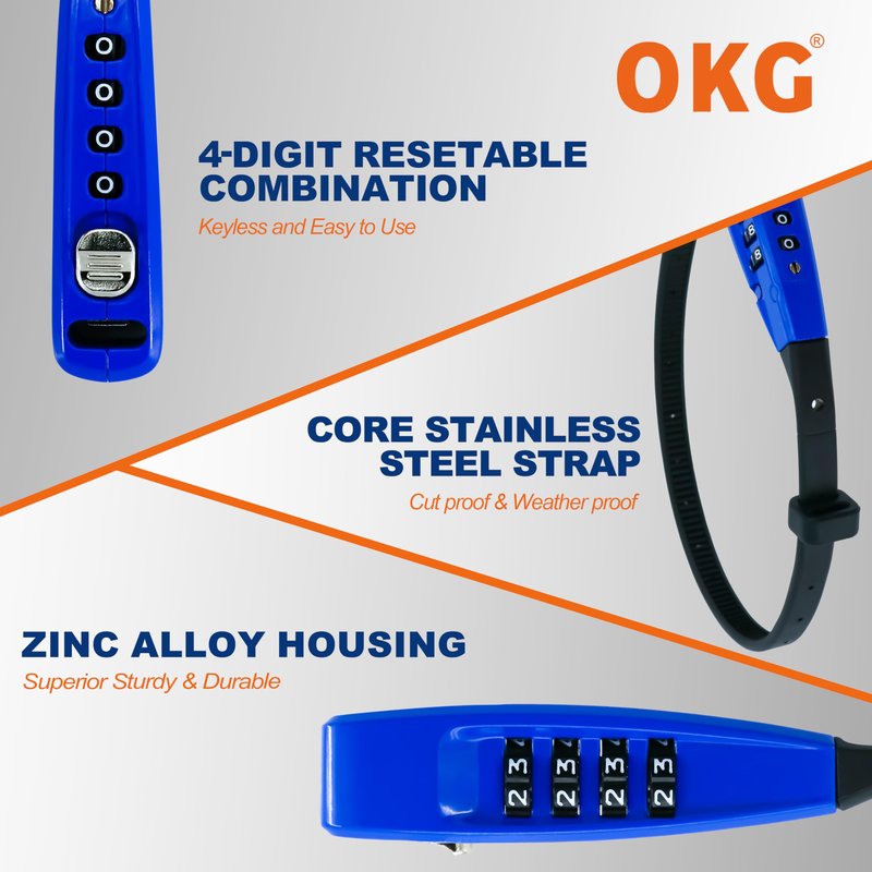 OKG 4-Digit Combination Zip Tie Lock - Anti-Scratch Stainless Steel Cable Bike Lock with Resettable Code, Secure Helmets, Skis, Prams, Bike, Cabinet, French Doors, and More (Blue)